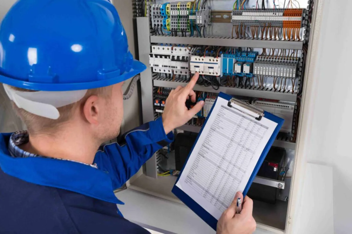 Prüftechniker bei der Messung an einer ortsfesten elektrischen Anlage