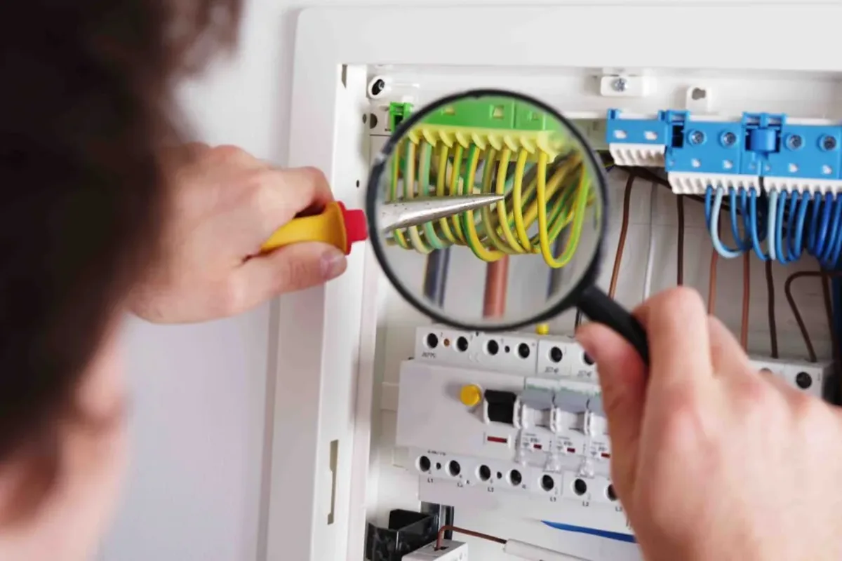 Elektromeister prüft den Sicherungskasten in einem Frankfurter Wohnhaus